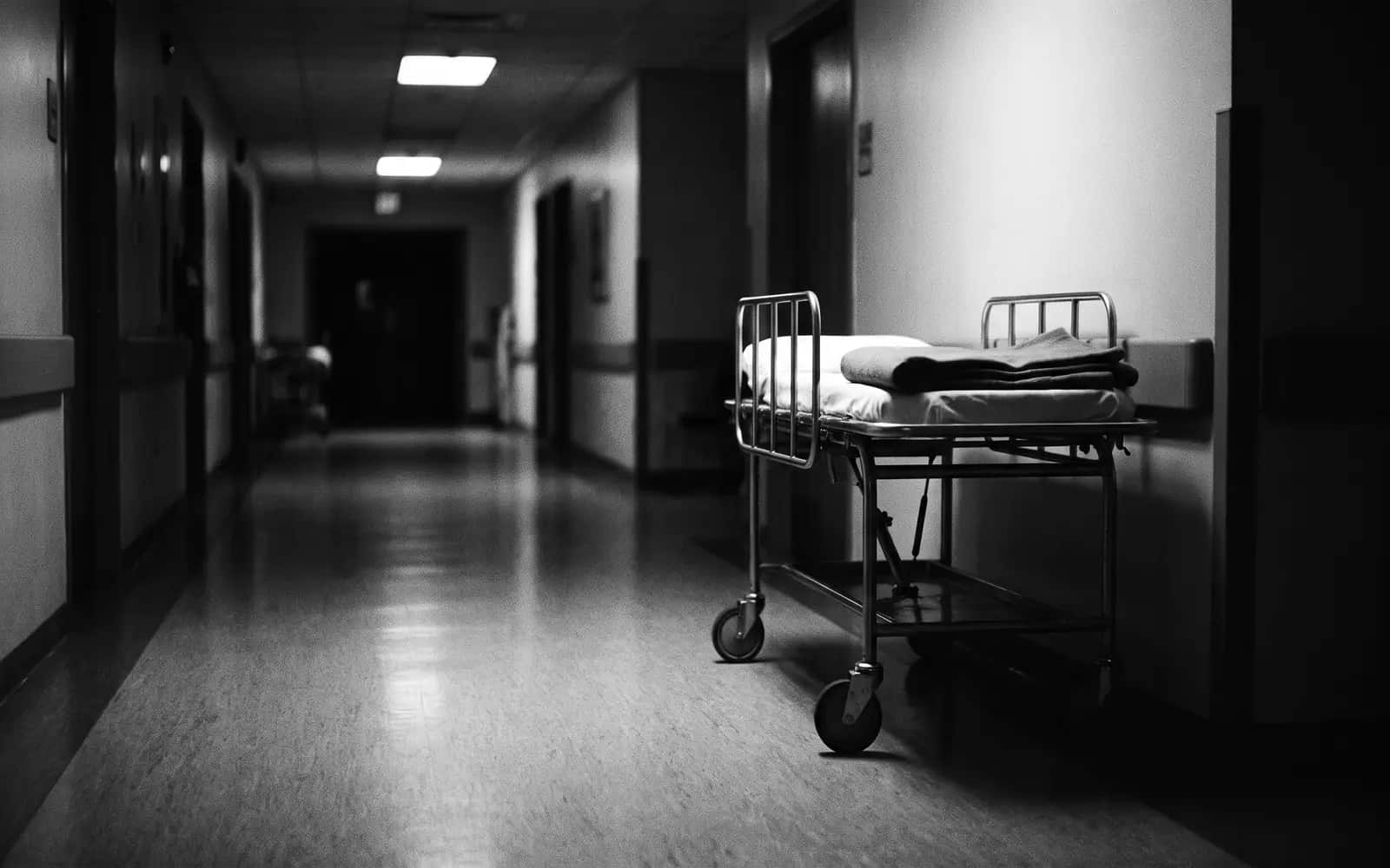 Empty emergency room hallway with a gurney under fluorescent lights