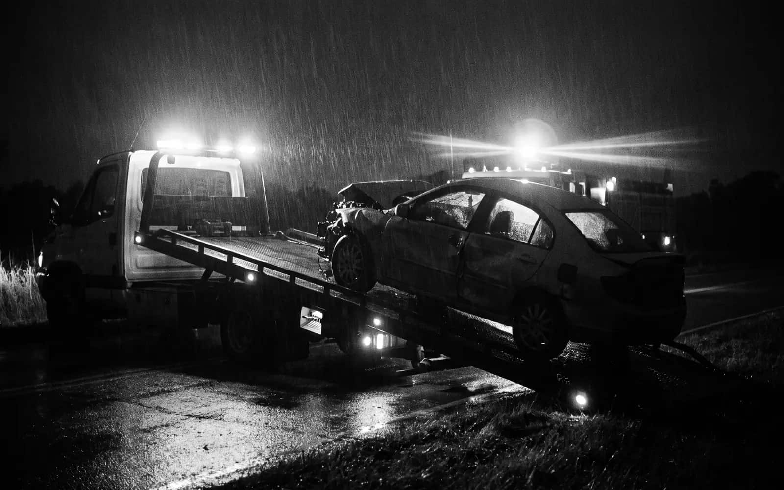 Tow truck with flashing lights at a nighttime accident scene