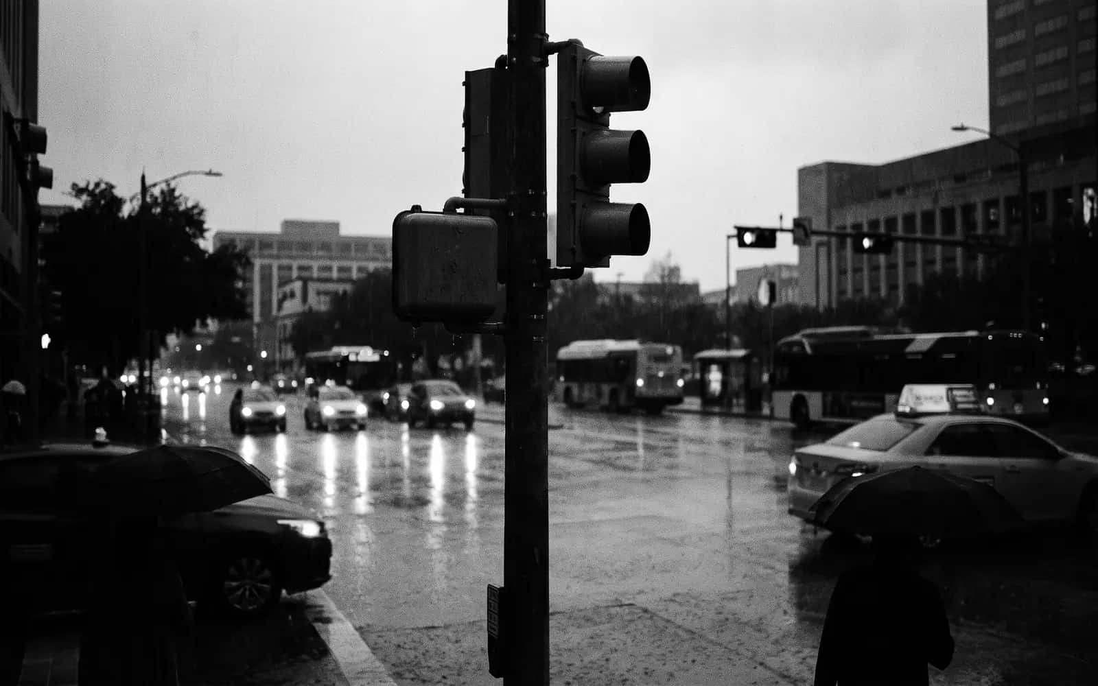 Traffic light at a rainy Houston intersection